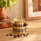 Kanjeevaram Etched Pure Brass Coffee Dabara Set, The Brass Atelier. Handmade in India by House of Taraasha.