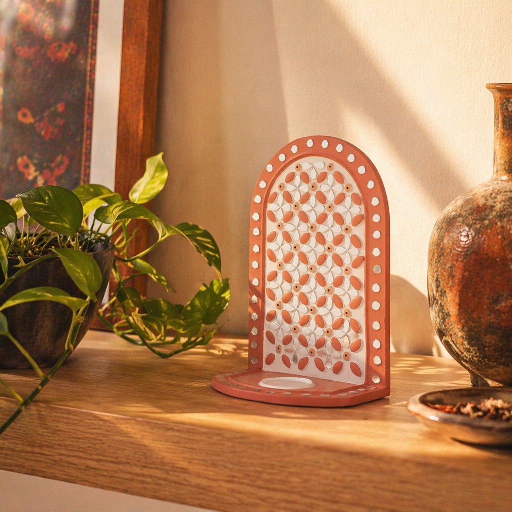 Dusty Pink Lippan Mud and Mirror Tea Light Holder, Still Light. Handmade in India by House of Taraasha.