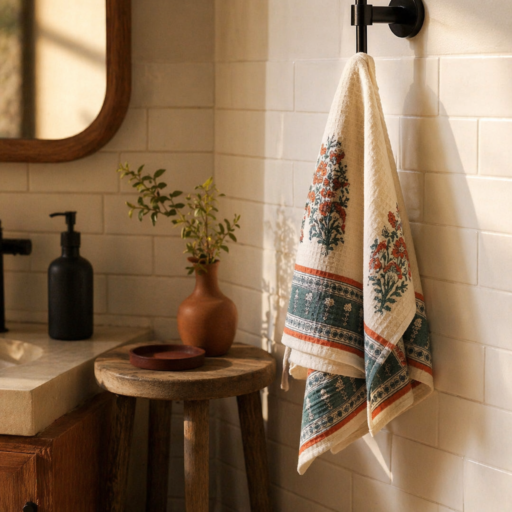 Peach and Teal Hand Block-Printed Waffle Cotton Towel Set, The Linen Room. Handmade in India by House of Taraasha.