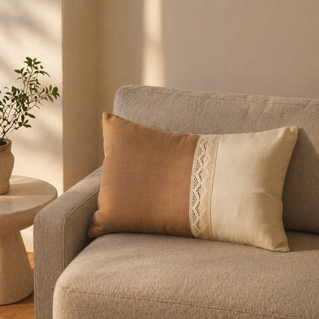 Taupe and Off White Rectangular Crochet Cushion Cover, The Living Room. Handmade in India by House of Taraasha.