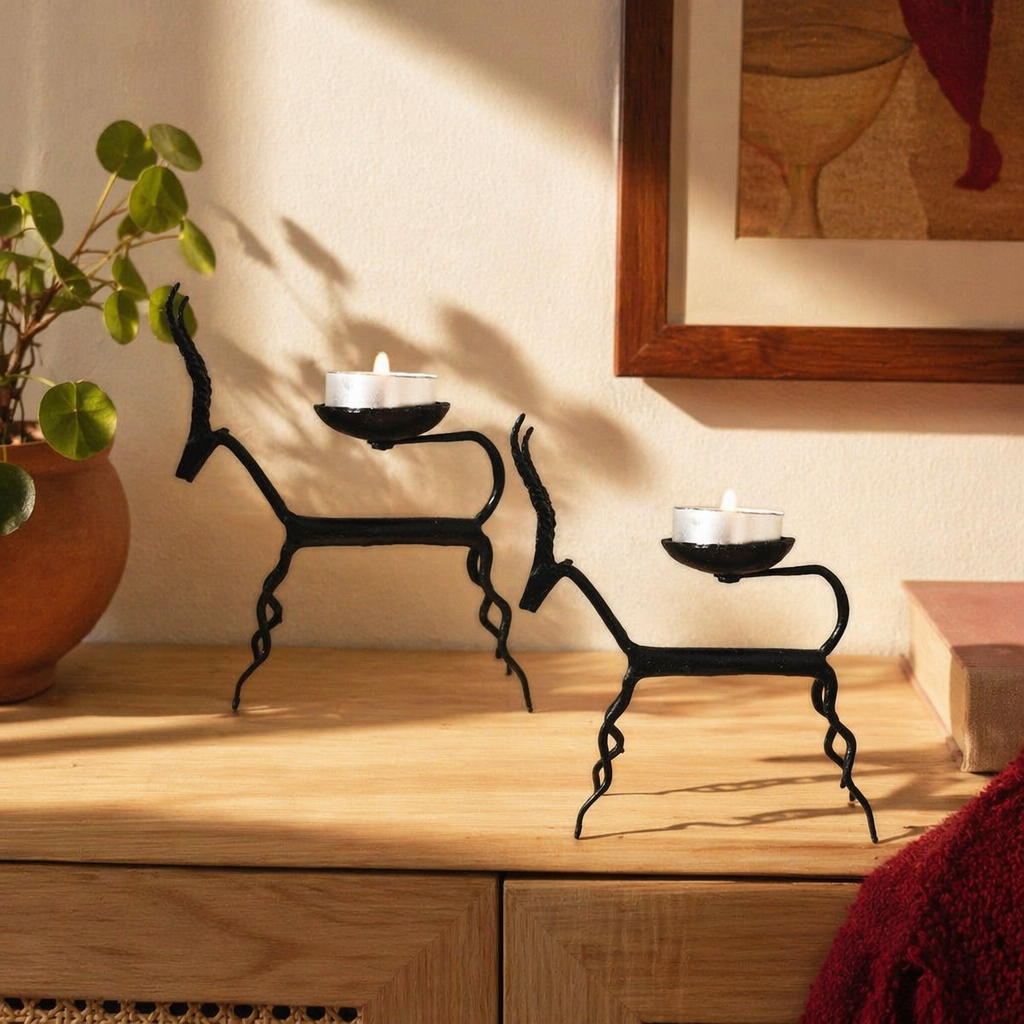 Iron Deer Bastar Lohshilp Wrought Iron Tea Lights, Still Light. Handmade in India by House of Taraasha.