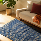 Dabu Mud-Resist Indigo Block-Printed Cotton Rug, The Woven Floor. Handmade in India by House of Taraasha.
