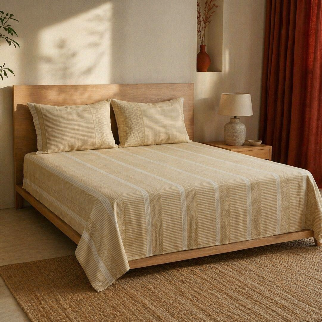 Beige & White Textured Hand-Printed Bedsheet, The Linen Room. Handmade in India by House of Taraasha.