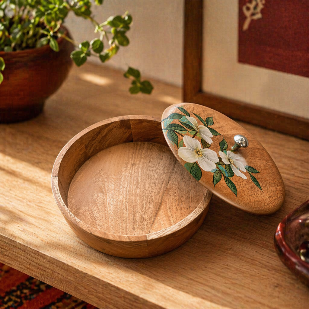 Rajasthani Hand-Painted Mango Wood Roti Box, The Wood Table. Handmade in India by House of Taraasha.