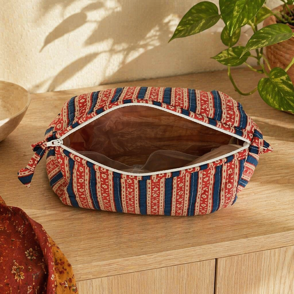 Quilted Block-Print Pouch Red and Blue, Large, The Gift Room. Handmade in India by House of Taraasha.