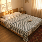 Green Leafy Stripes Reversible Mulmul Quilt, The Linen Room. Handmade in India by House of Taraasha.