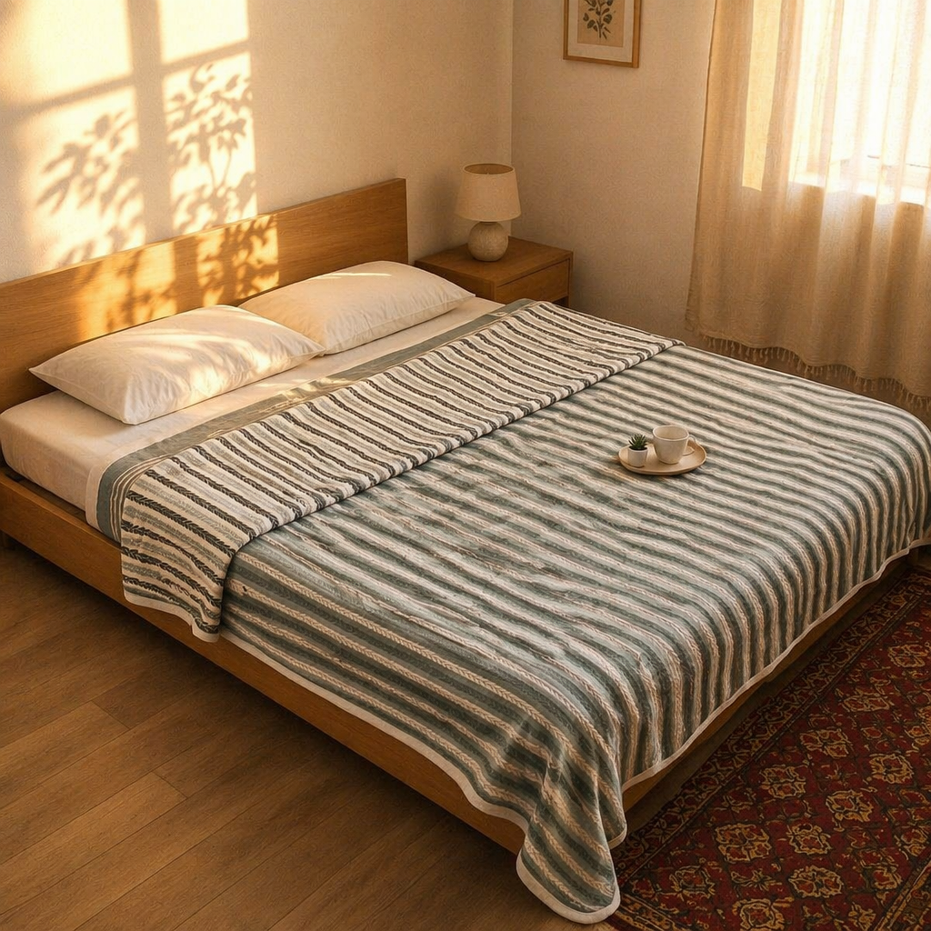 Green Leafy Stripes Reversible Mulmul Quilt, The Linen Room. Handmade in India by House of Taraasha.
