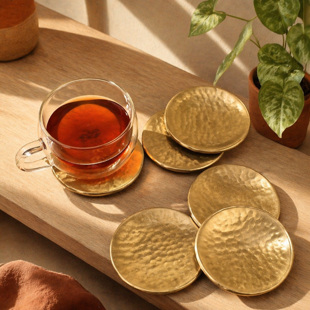 Moradabad Matt Hammered Brass Coasters, The Brass Atelier. Handmade in India by House of Taraasha.