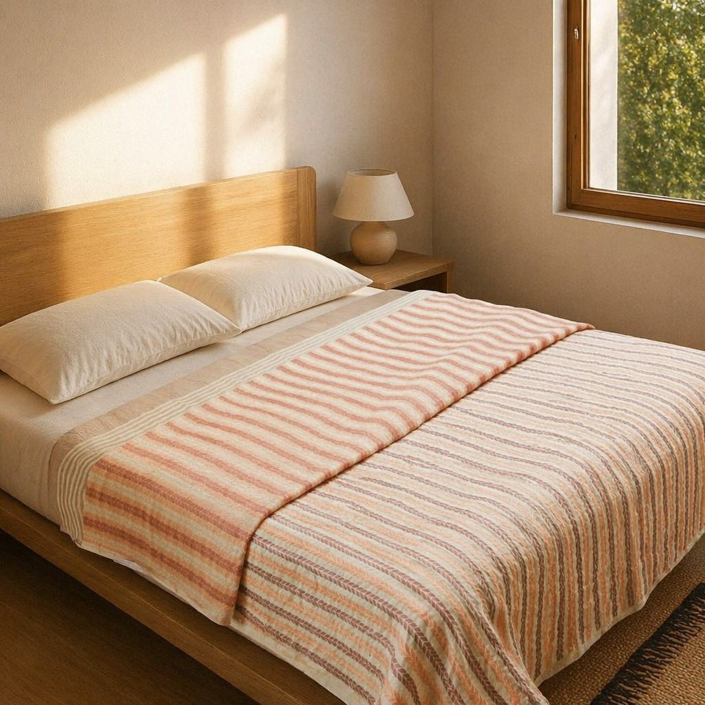 Dusty Pink Royal Courtyards Reversible Quilt, The Linen Room. Handmade in India by House of Taraasha.