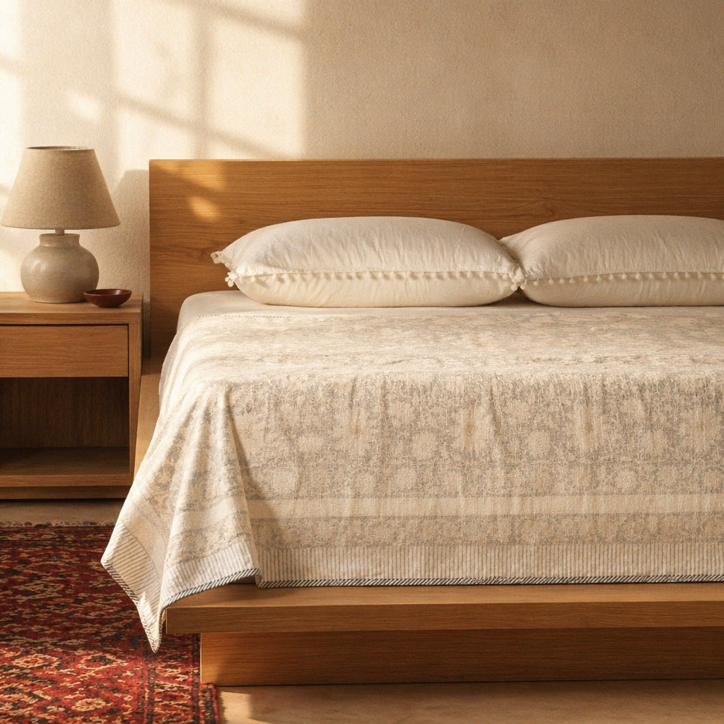 Sanganer Mulmul Hand-Printed Cotton Dohar, The Linen Room. Handmade in India by House of Taraasha.