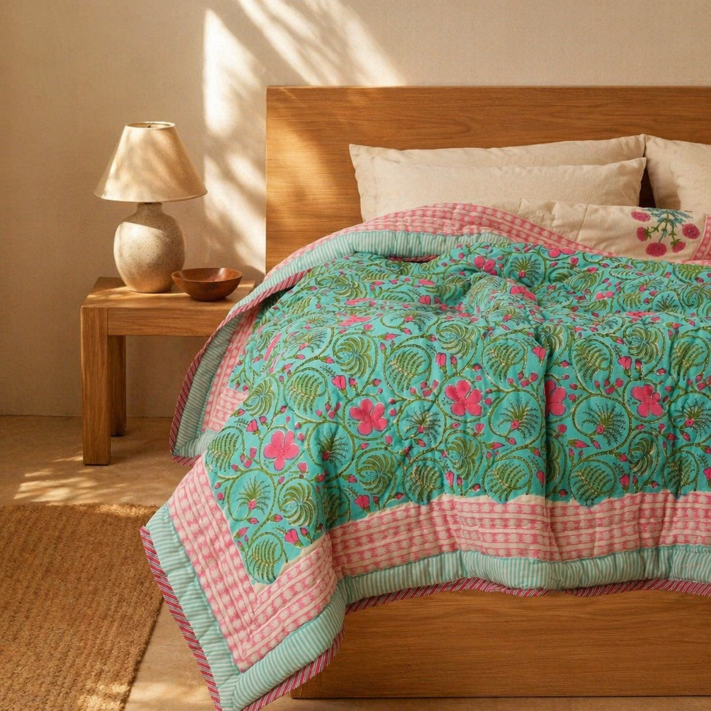 Turquoise & Pink Reversible Jaipuri Razai, The Linen Room. Handmade in India by House of Taraasha.