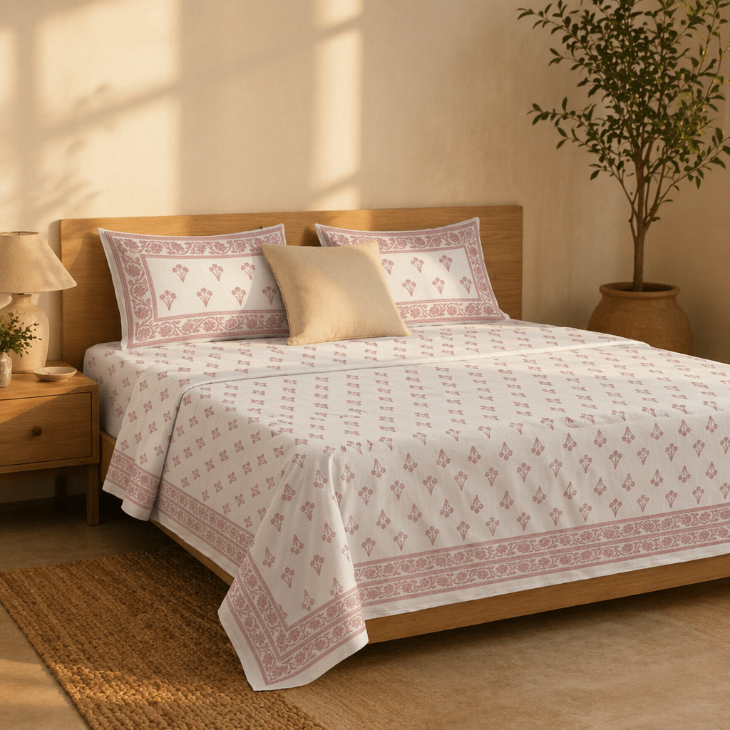 Blush Pink & White Hand-Printed Floral Bedsheet, The Linen Room. Handmade in India by House of Taraasha.