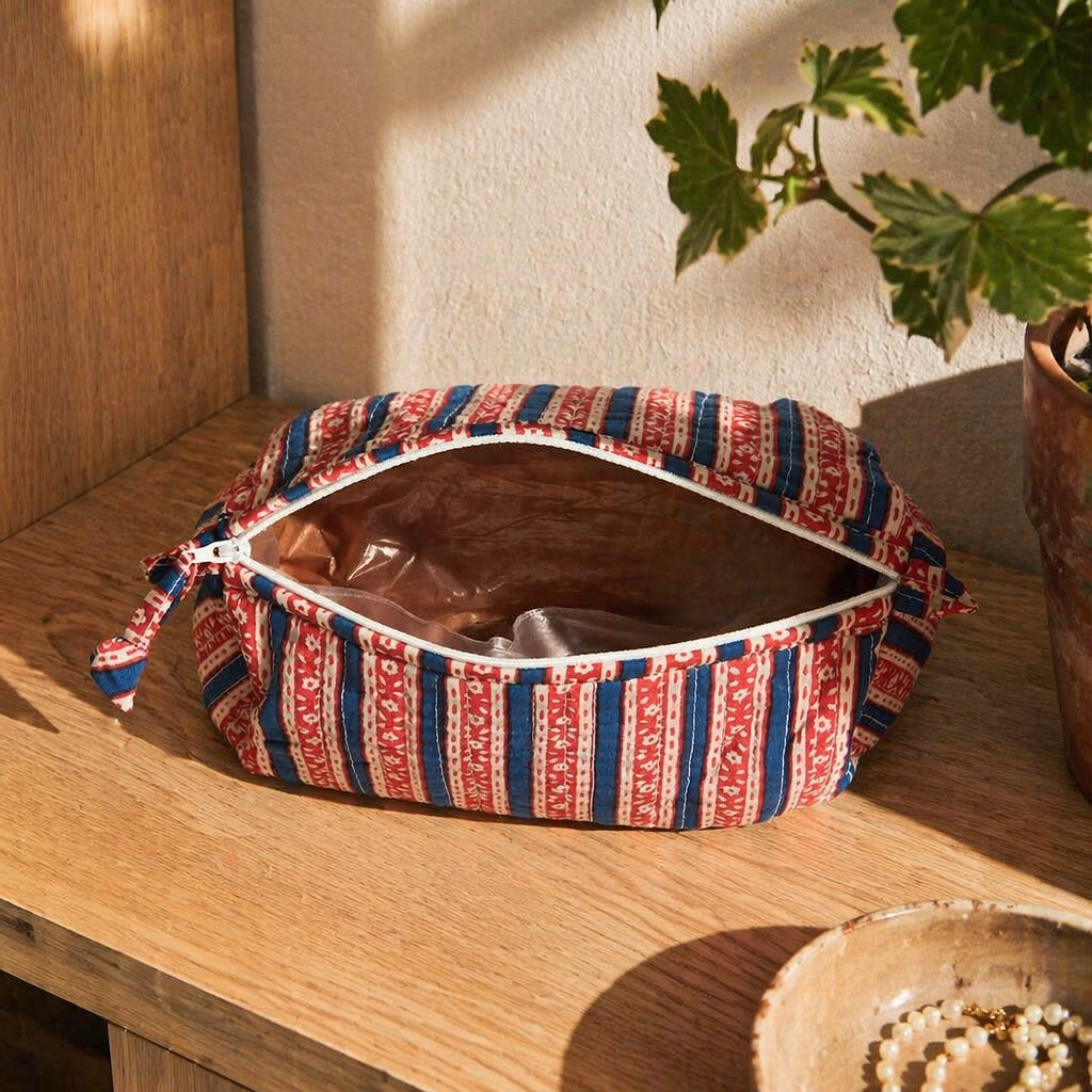 Quilted Block-Print Pouch Red and Blue, Small, The Gift Room. Handmade in India by House of Taraasha.