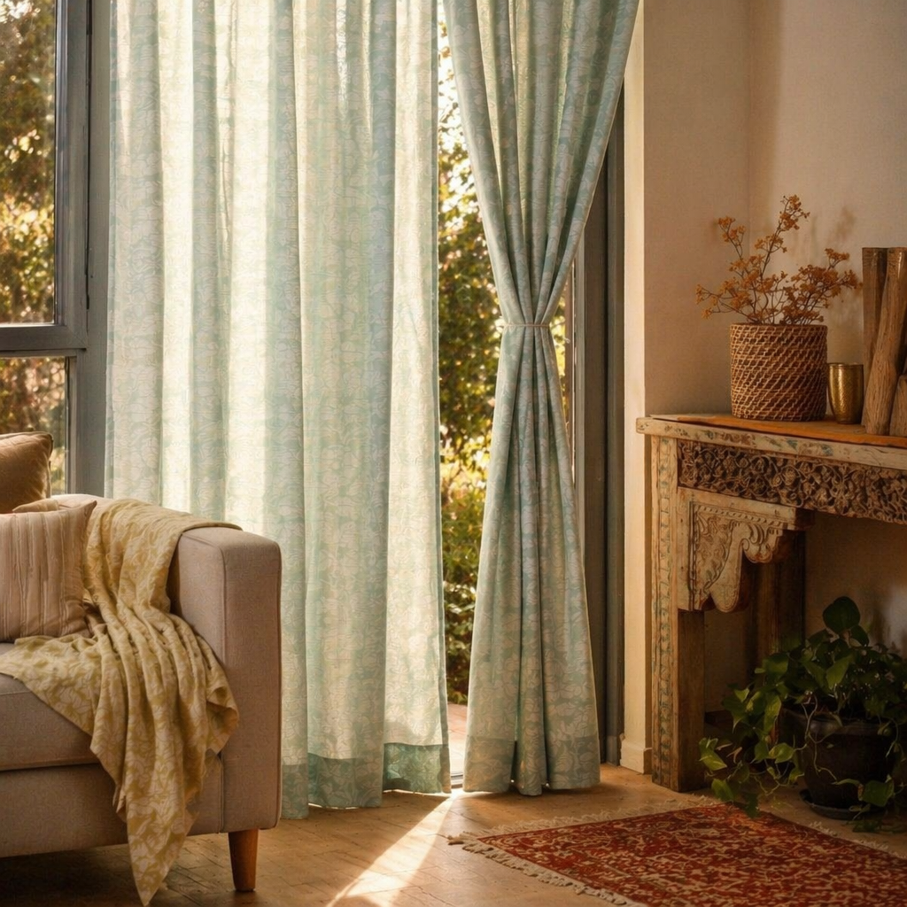 Teal Karhuwa Cutwork Door Curtain, The Draped Window. Handmade in India by House of Taraasha.
