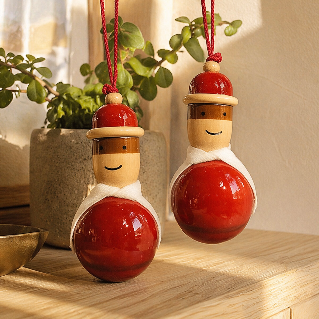 Channapatna Lacquered Wooden Dolls Natural Dyes Pair, Still Light. Handmade in India by House of Taraasha.