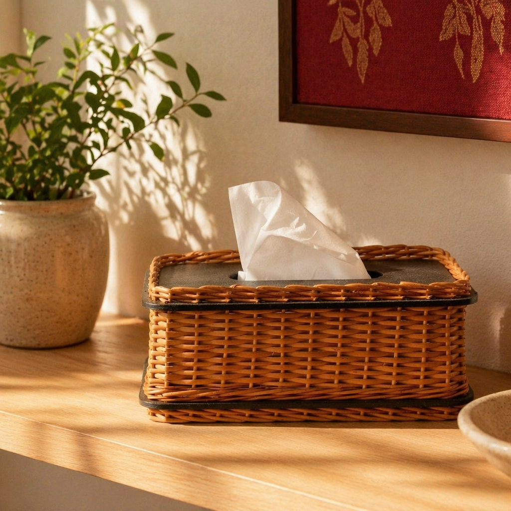 Kashmir Willow Wicker Tissue Box, The Wicker House. Handmade in India by House of Taraasha.