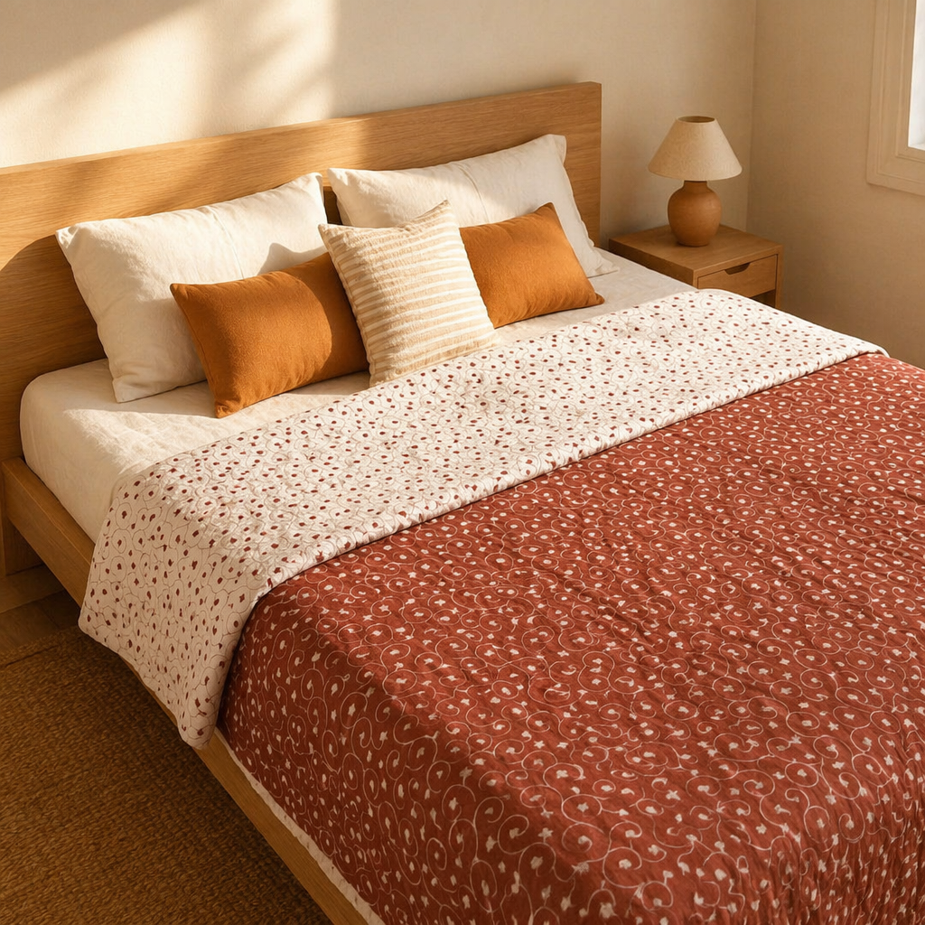 Rust and Off-White Royal Courtyards Reversible Quilt, The Linen Room. Handmade in India by House of Taraasha.