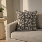 Charcoal and Off White Hand Block-Printed Floral Cushion Cover. Handmade in India by House of Taraasha.
