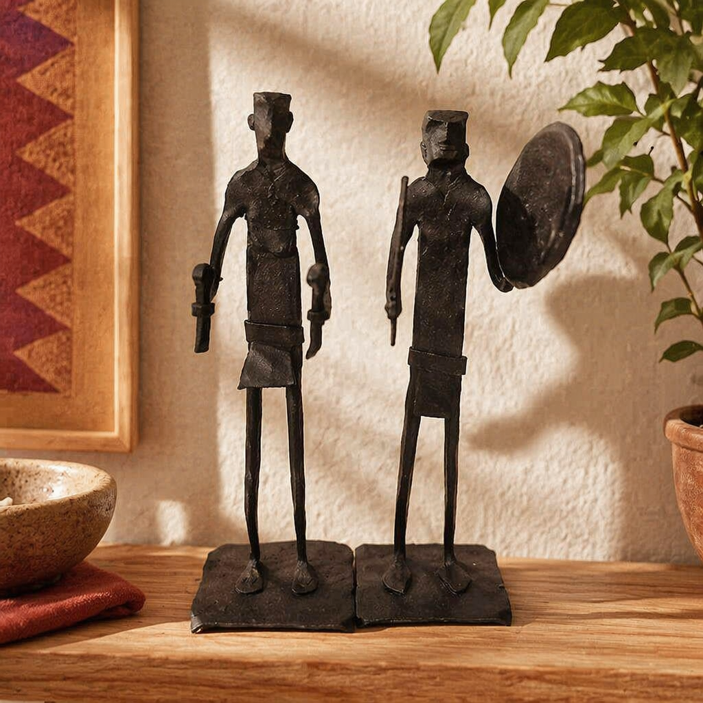 Bastar Wrought Iron Standing Musicians Duo, Tribal Stories. Handmade in India by House of Taraasha.