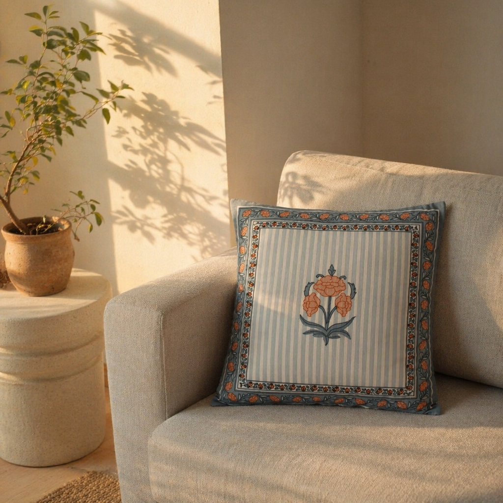 Blue and Dusty Pink Royal Courtyards Floral Cushion Cover, The Living Room. Handmade in India by House of Taraasha.