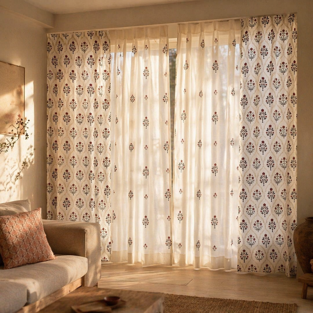 Royal Courtyards Rust & Maroon Printed-Sheer Set of Four, The Draped Window. Handmade in India by House of Taraasha.