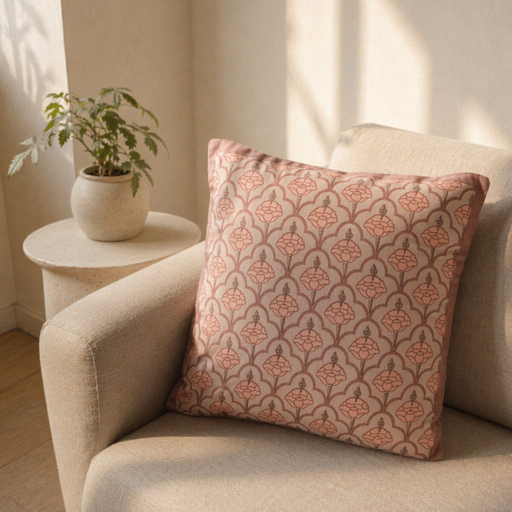 Royal Courtyards Dusty Pink Jaali & Floral Cushion Set, The Living Room. Handmade in India by House of Taraasha.