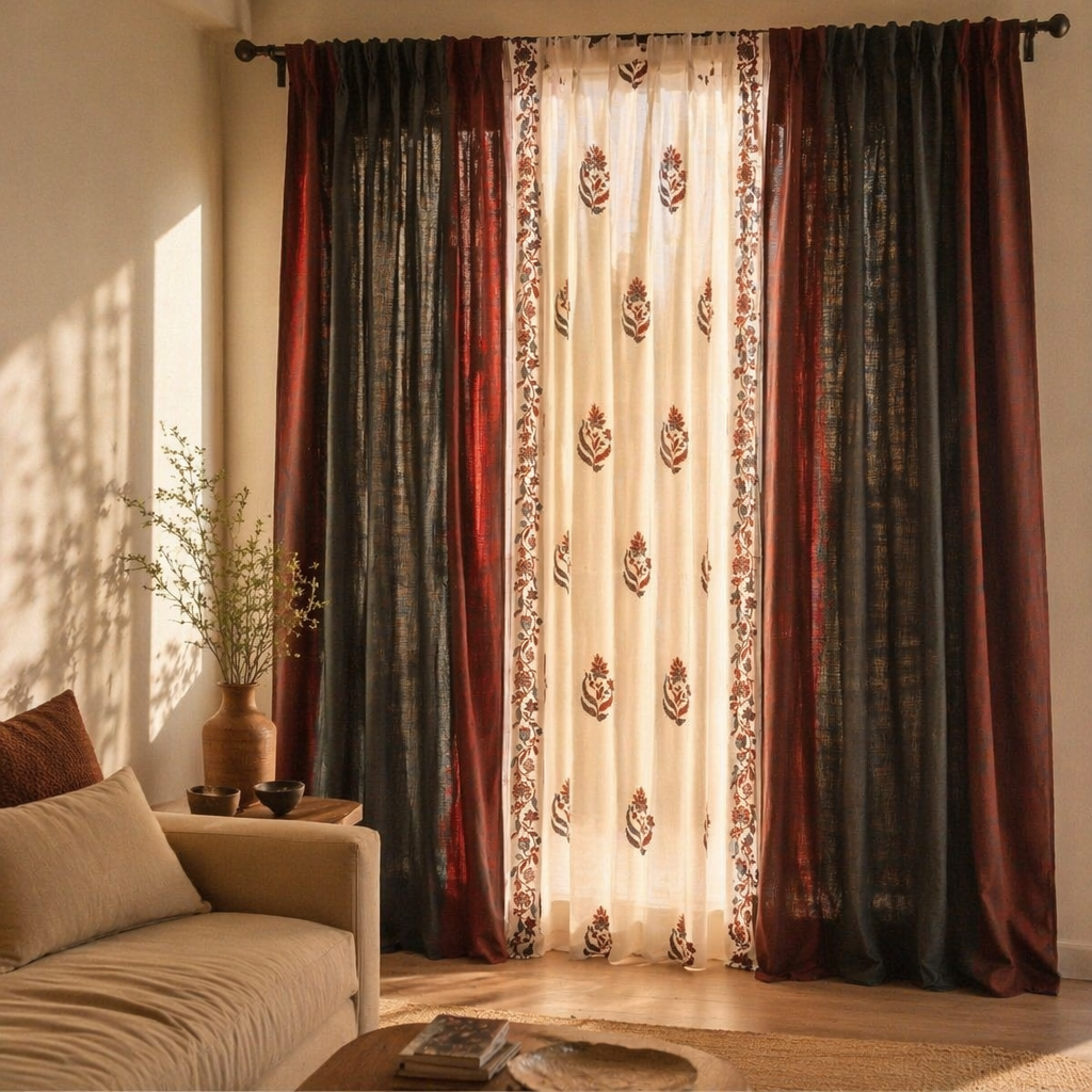 Handwoven & Chintz Sheer Off-White and Navy Curtain Set, The Draped Window. Handmade in India by House of Taraasha.