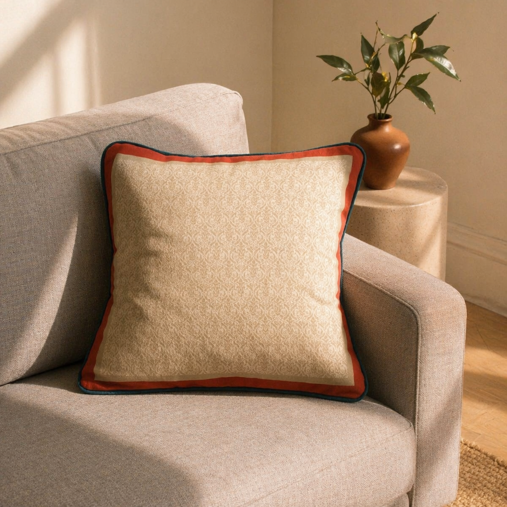 Chintz Ivory, Maroon and Navy Blue Cushion Cover, The Living Room. Handmade in India by House of Taraasha.