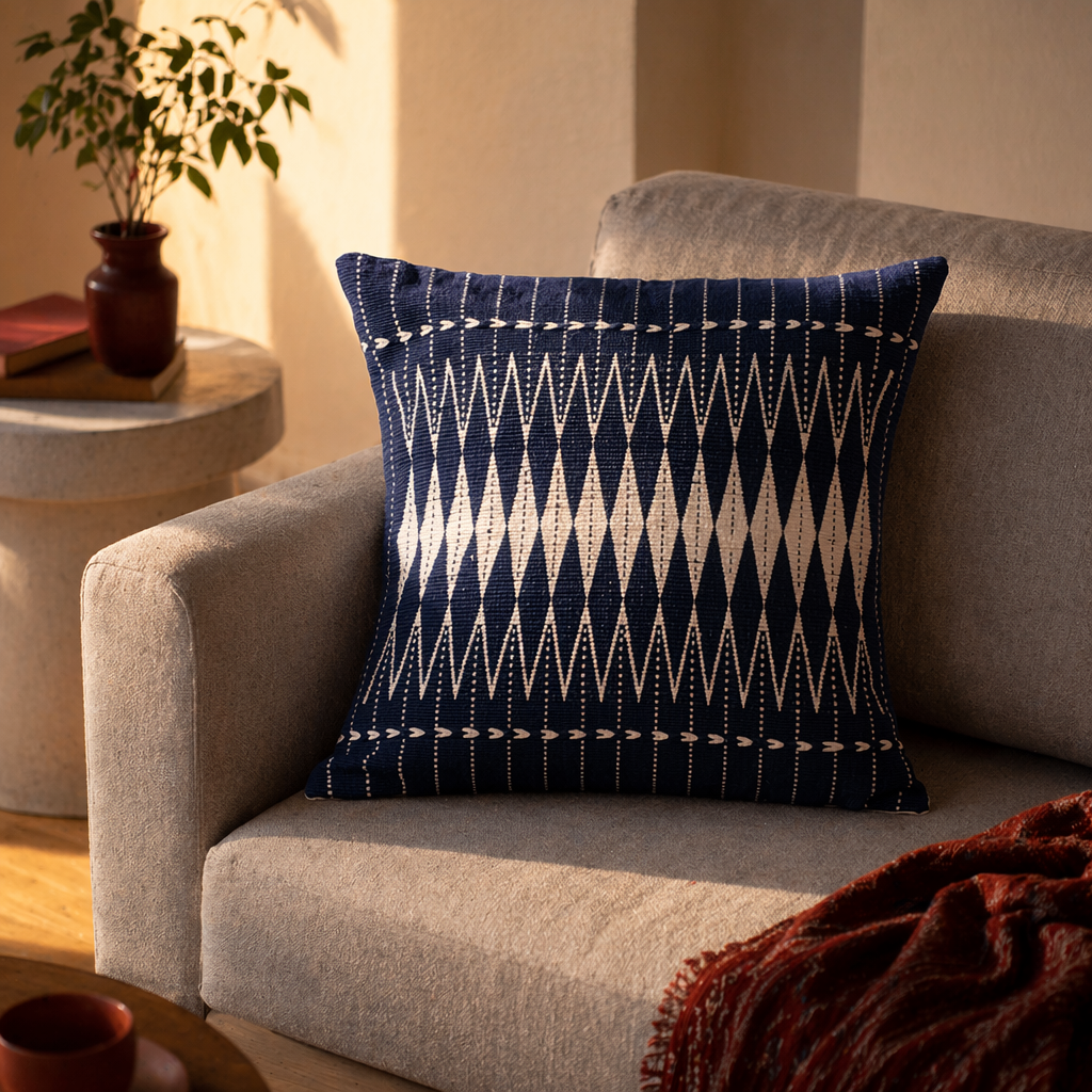 Naga Indigo Backstrap-Loom Woven Tribal Cushion Cover, The Living Room. Handmade in India by House of Taraasha.