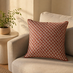 Geometric Maroon Hand Block-Printed Cotton Cushion Cover, The Living Room. Handmade in India by House of Taraasha.