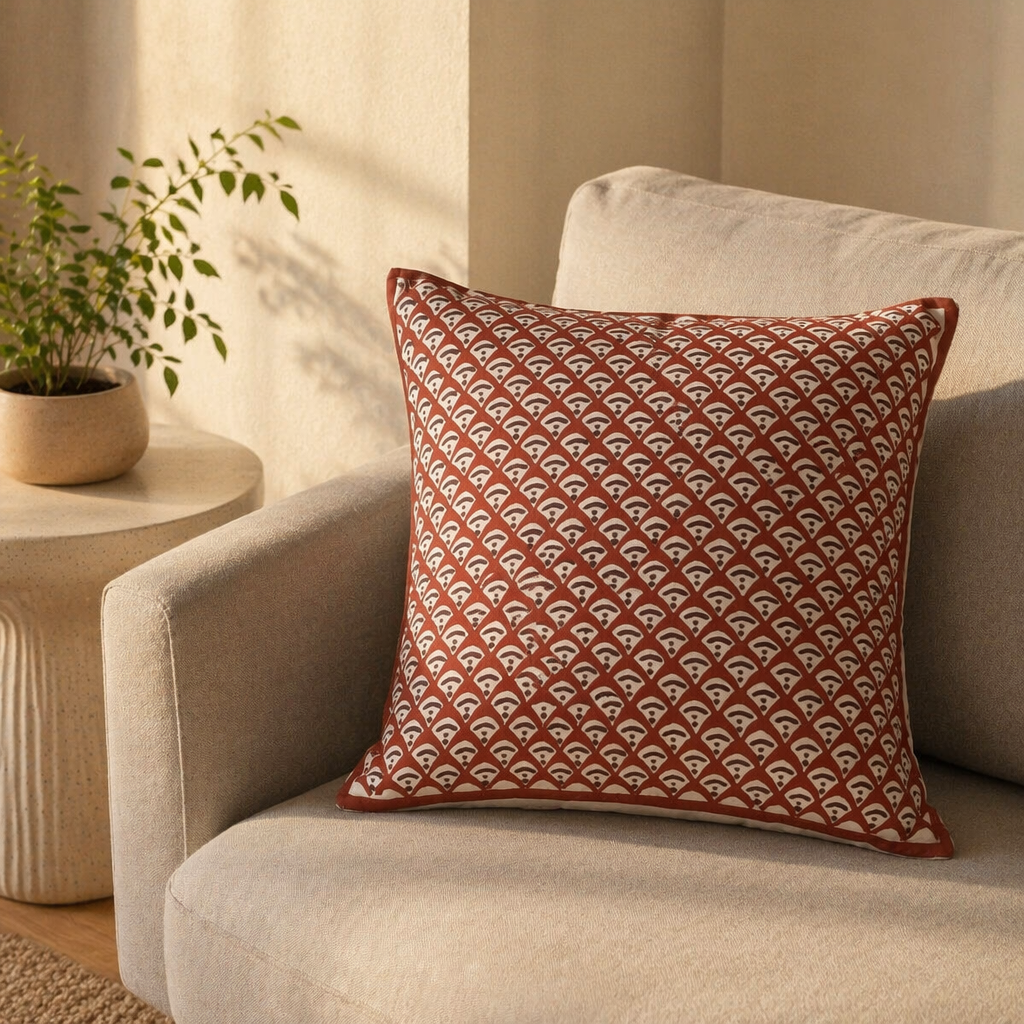 Geometric Maroon Hand Block-Printed Cotton Cushion Cover, The Living Room. Handmade in India by House of Taraasha.