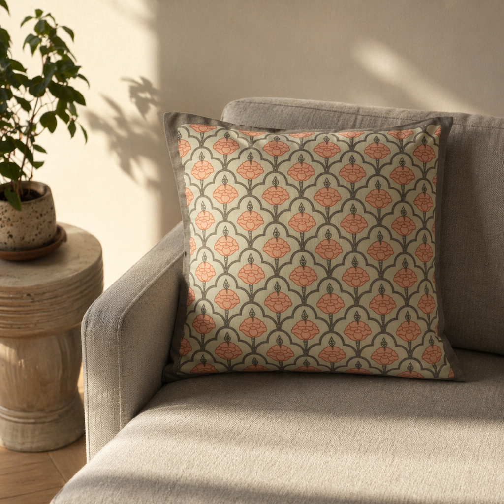 Jaali and Floral Green and Dusty Pink Cushion Cover Set, The Living Room. Handmade in India by House of Taraasha.