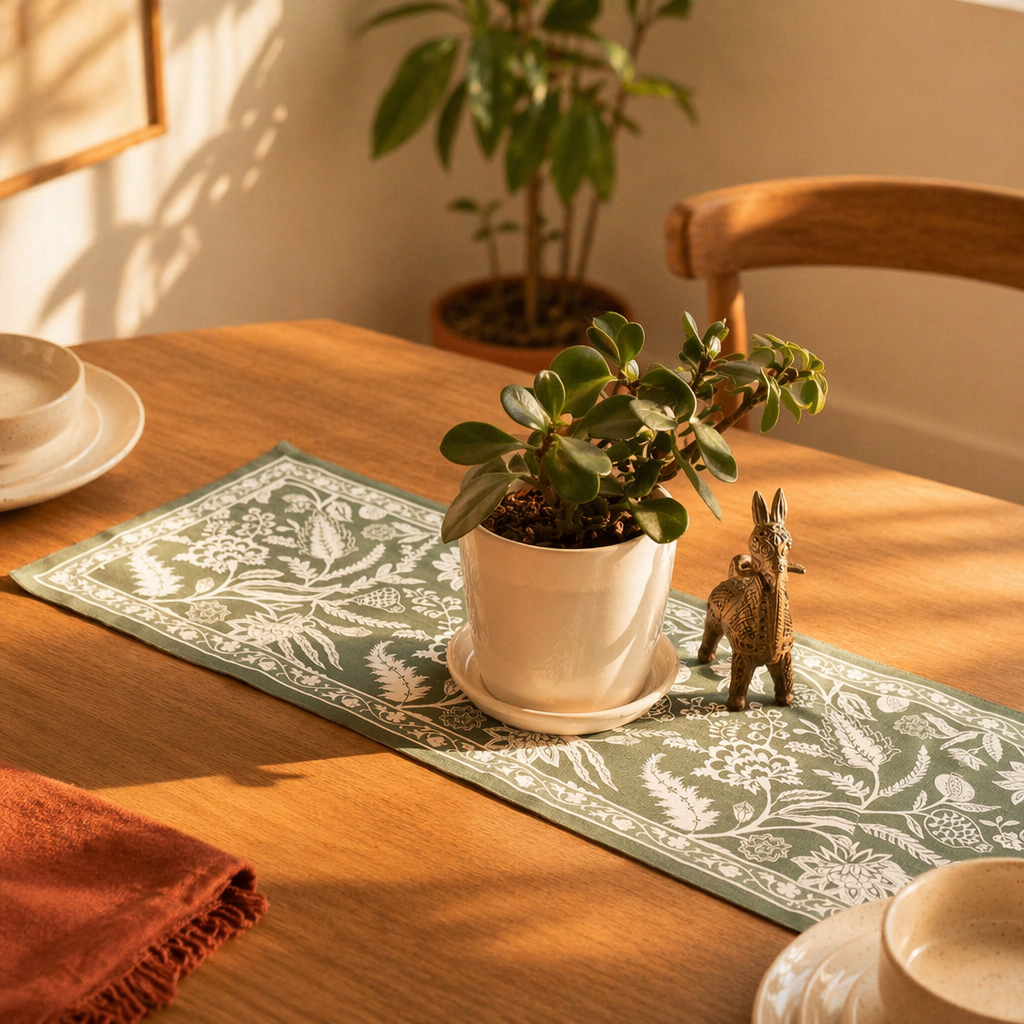 Cotton Canvas Runner Aqua Green, The Gathered Table. Handmade in India by House of Taraasha.