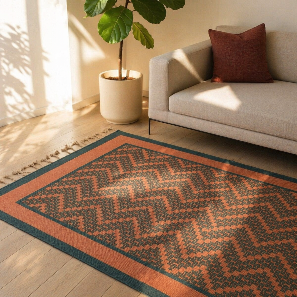 Coral & Teal Chintz Hand Block-Printed Cotton Rug, The Woven Floor. Handmade in India by House of Taraasha.