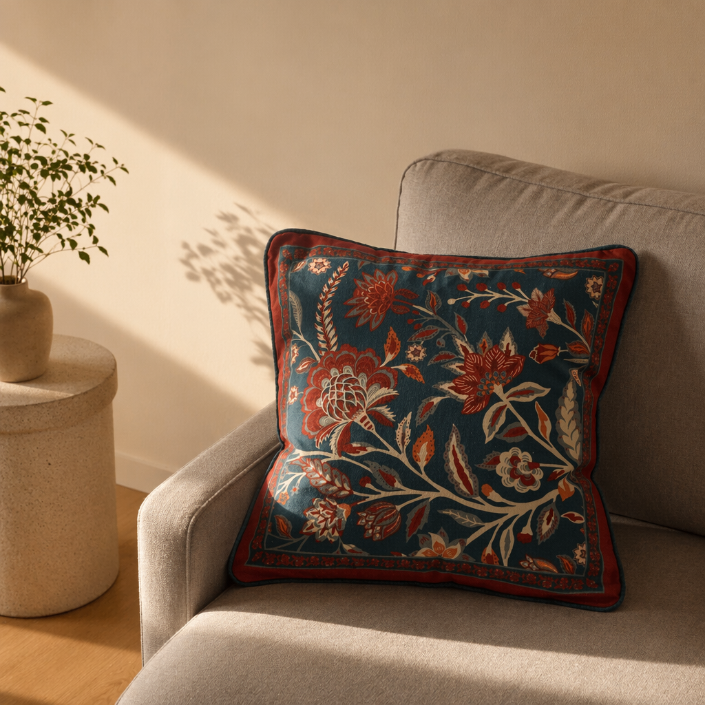 Chintz Navy, Maroon and Ivory Block-Printed Cushion Cover, The Living Room. Handmade in India by House of Taraasha.