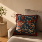 Chintz Navy, Maroon and Ivory Block-Printed Cushion Cover, The Living Room. Handmade in India by House of Taraasha.