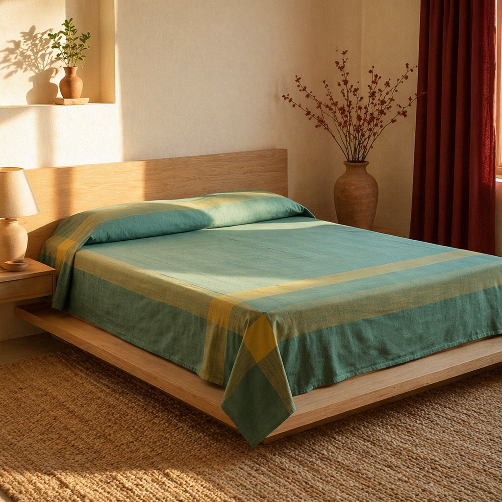 Marigold Teal Handwoven Cotton Bed Cover, The Linen Room. Handmade in India by House of Taraasha.