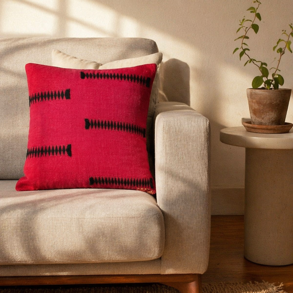 Naga Tribal Backstrap-Loom Black & Red Cushion Cover, The Living Room. Handmade in India by House of Taraasha.