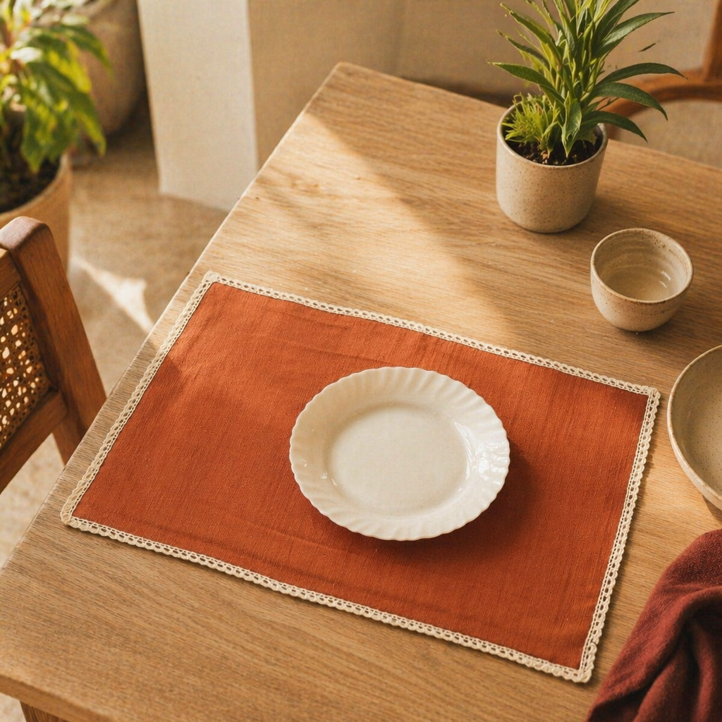 Crochet-Edged Table Mats Rust and Off-White, The Gathered Table. Handmade in India by House of Taraasha.