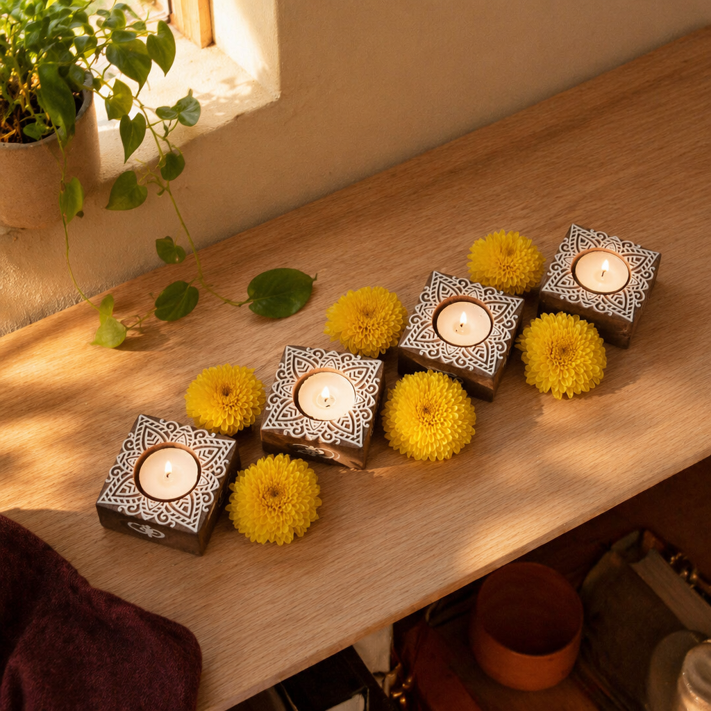 Carved Diya Hand-Engraved Wooden Tea Lights, Still Light. Handmade in India by House of Taraasha.