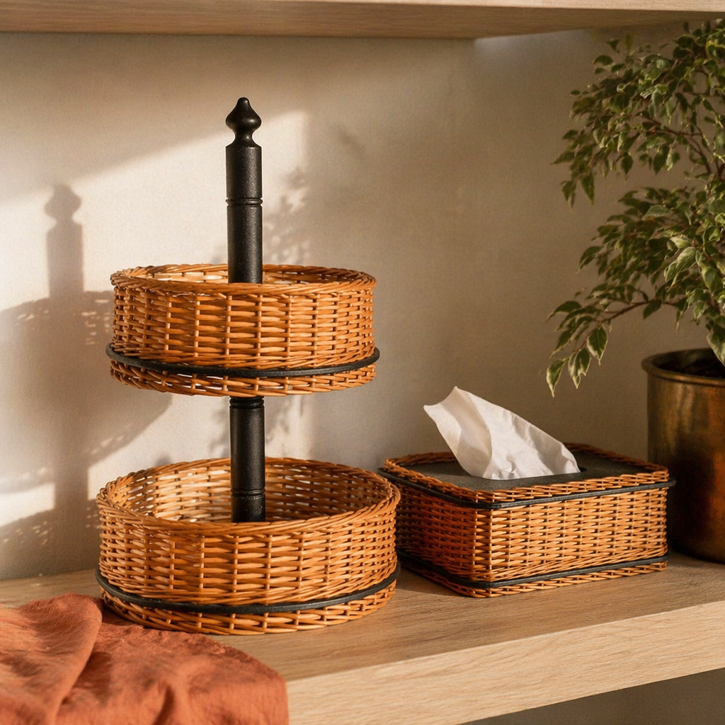 Kashmiri Willow Wicker Fruit Basket & Tissue Box, The Wicker House. Handmade in India by House of Taraasha.