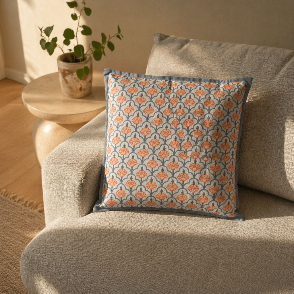 Blue and Dusty Pink Jaali Courtyards Cushion Cover, The Living Room. Handmade in India by House of Taraasha.