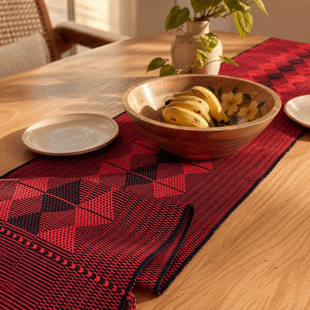 Red & Black Arrowhead Naga Backstrap-Woven Runner, The Gathered Table. Handmade in India by House of Taraasha.