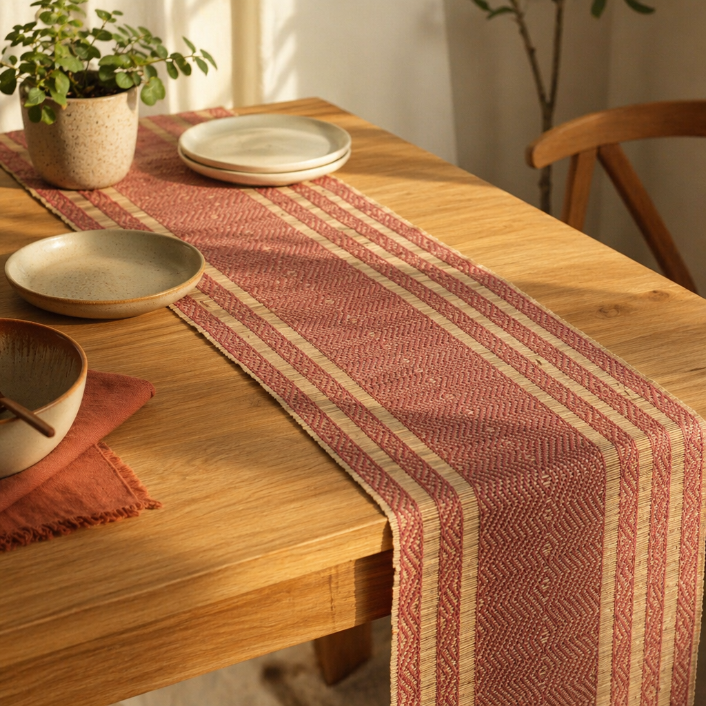 Madur Grass Woven Runner Blush Pink and Beige, The Gathered Table. Handmade in India by House of Taraasha.