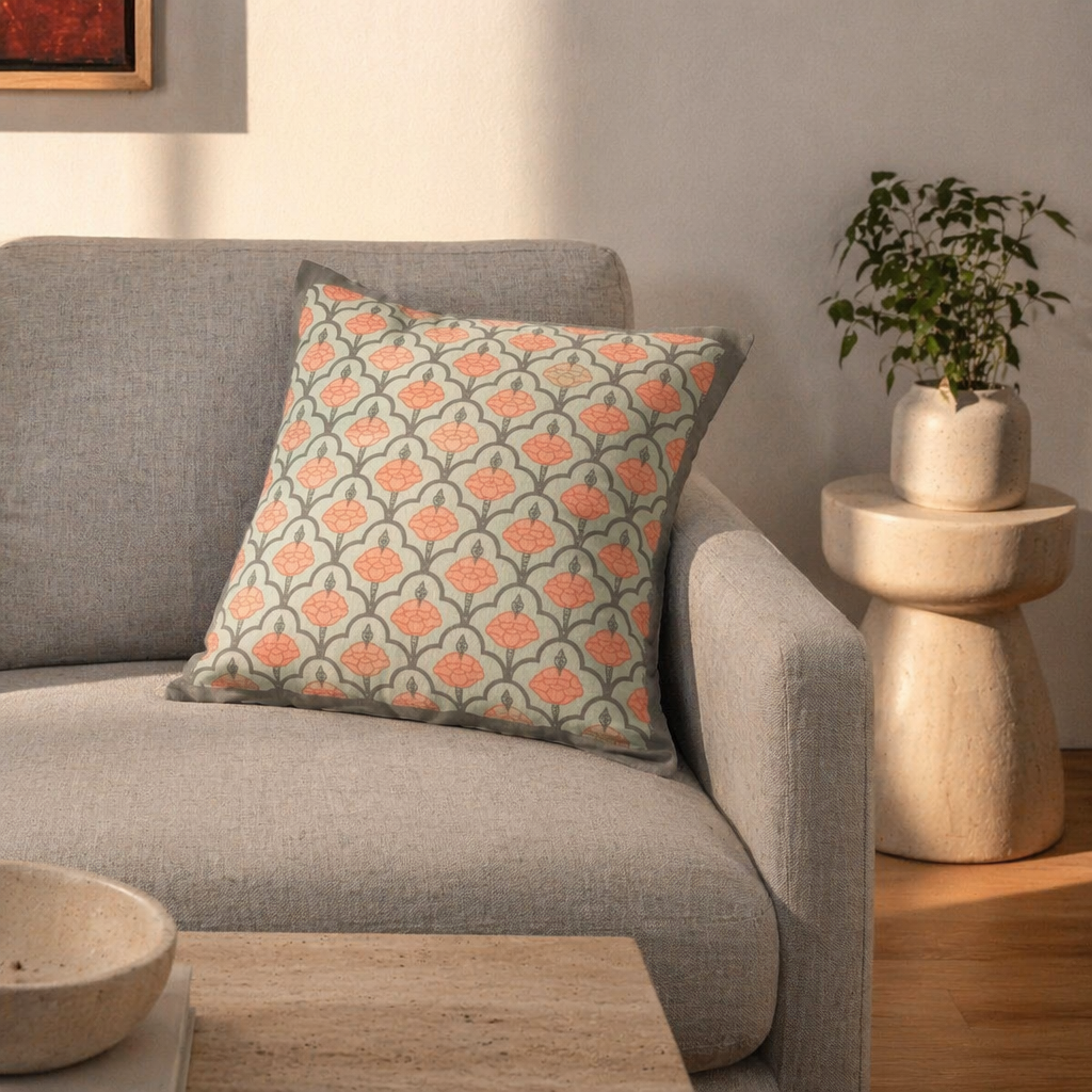 Jaali Green and Dusty Pink Hand-Printed Cushion Cover, The Living Room. Handmade in India by House of Taraasha.