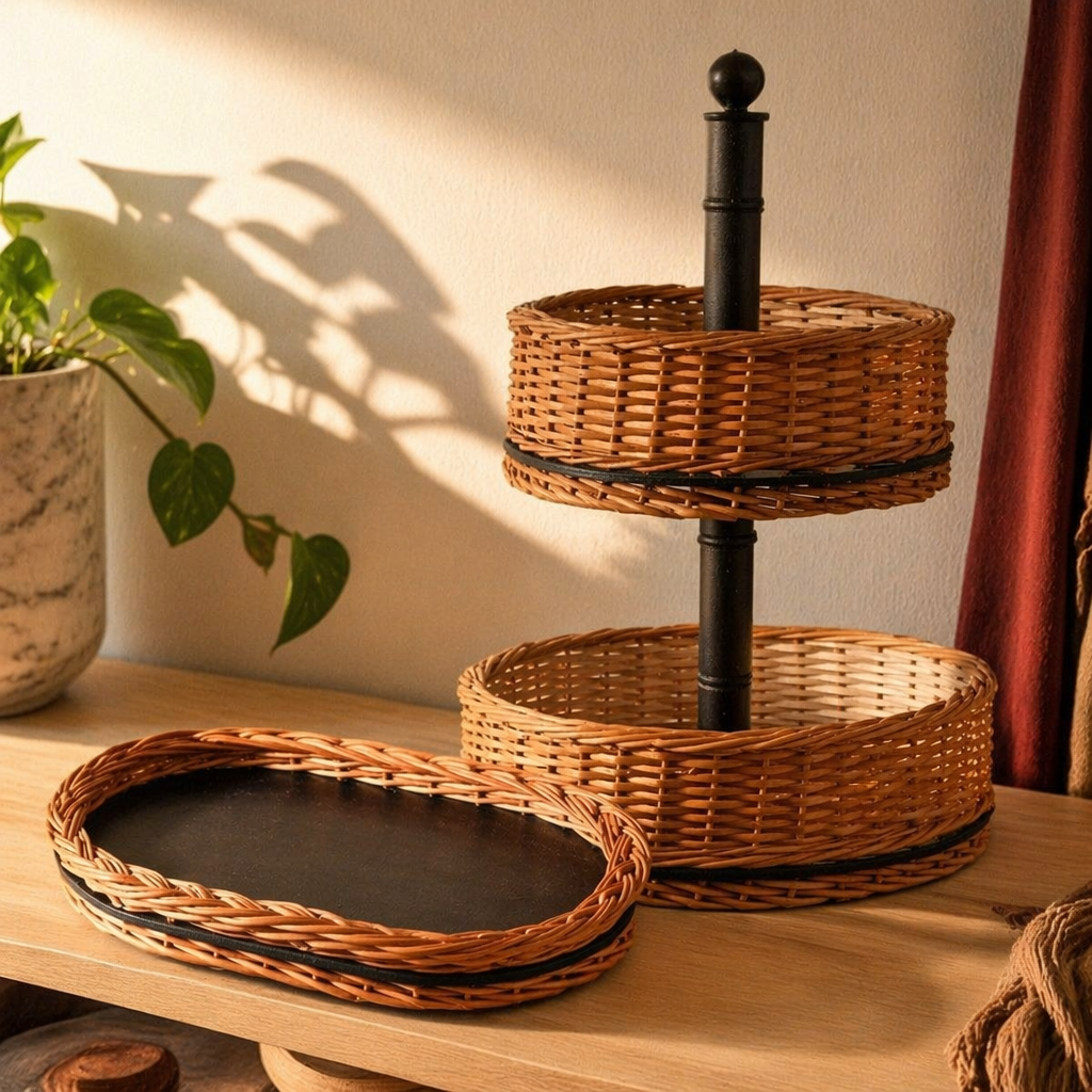 Kashmiri Willow Wicker Fruit Basket & Serving Tray, The Brass Atelier. Handmade in India by House of Taraasha.