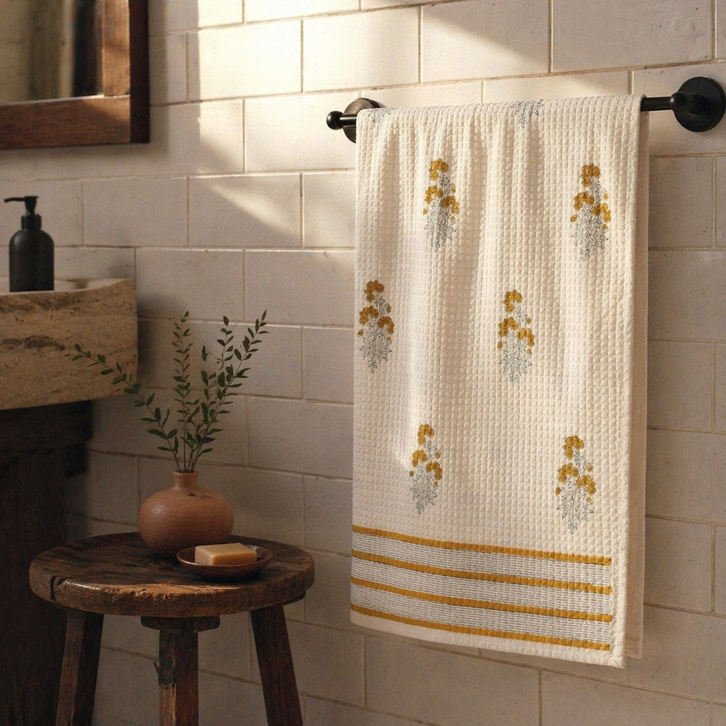 Floral Hand-Printed Waffle Weave Bath Towel, The Linen Room. Handmade in India by House of Taraasha.
