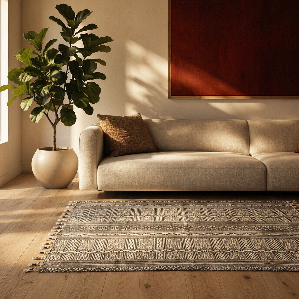 Monochrome Hand Block-Printed Black and White Floor Rug, The Woven Floor. Handmade in India by House of Taraasha.