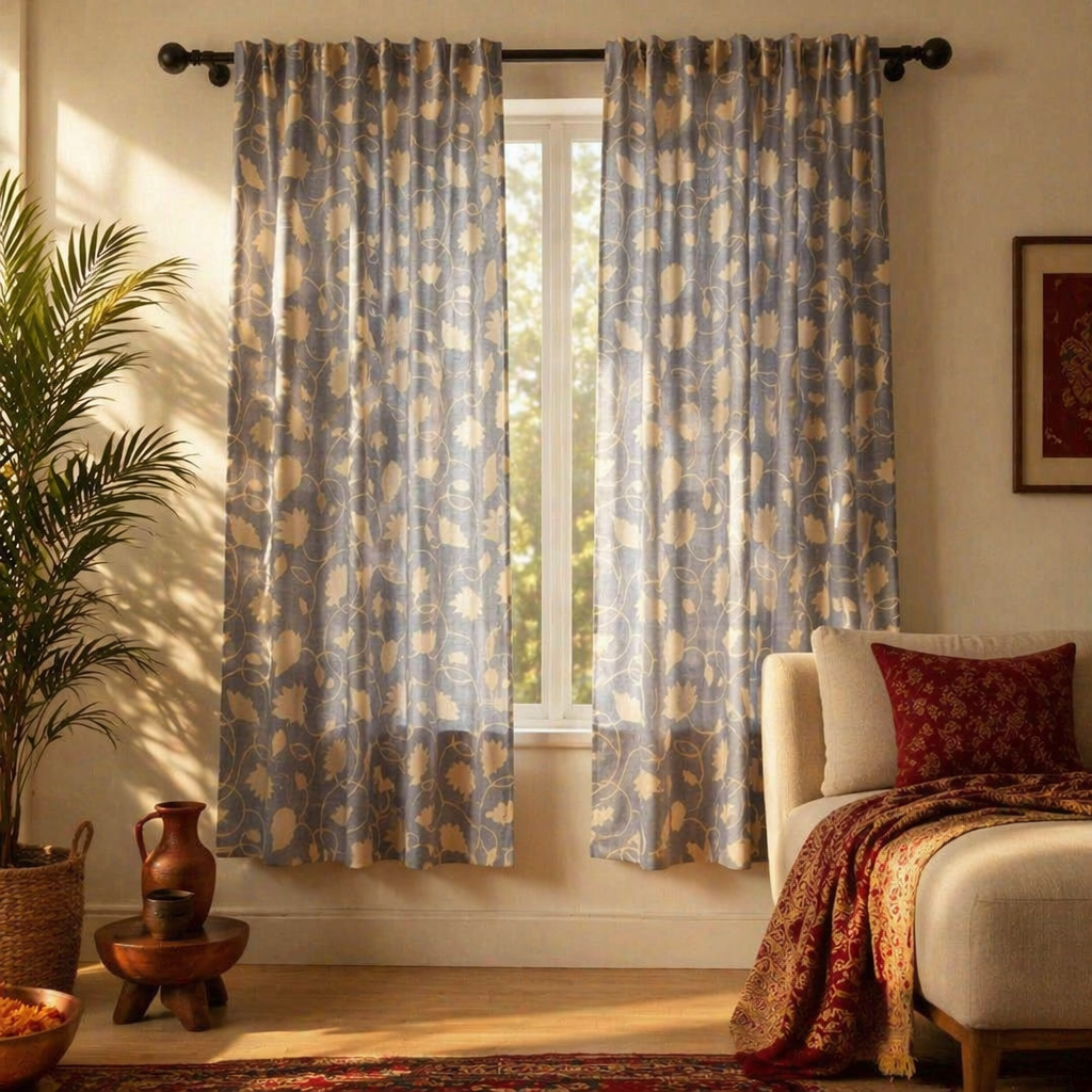 Lotus Cutwork Handwoven Semi-Sheer Cotton Curtain, The Draped Window. Handmade in India by House of Taraasha.