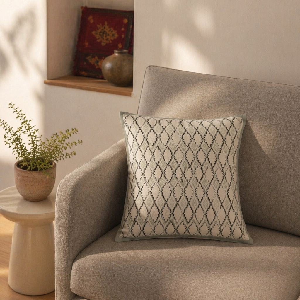 Aqua Geometric Hand Block-Printed Cotton Cushion Cover, The Living Room. Handmade in India by House of Taraasha.